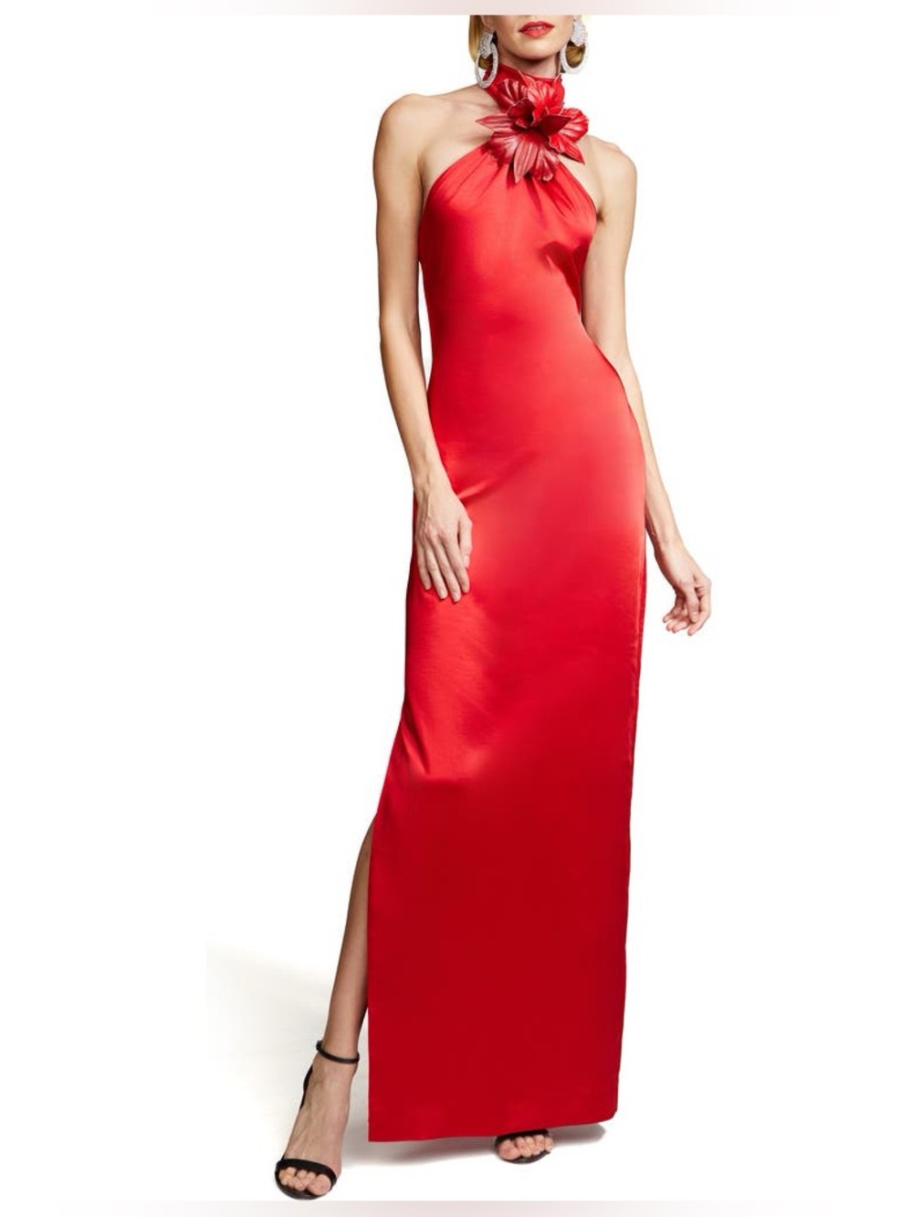 Halston Heritage Red One-Shoulder Maxi Dress with Floral Neck